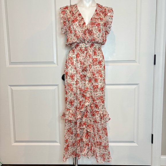 MISA Los Angeles Kidada Poppy Allover Ruffle V-neck Sleeveless Slit Maxi Dress M - Picture 2 of 15